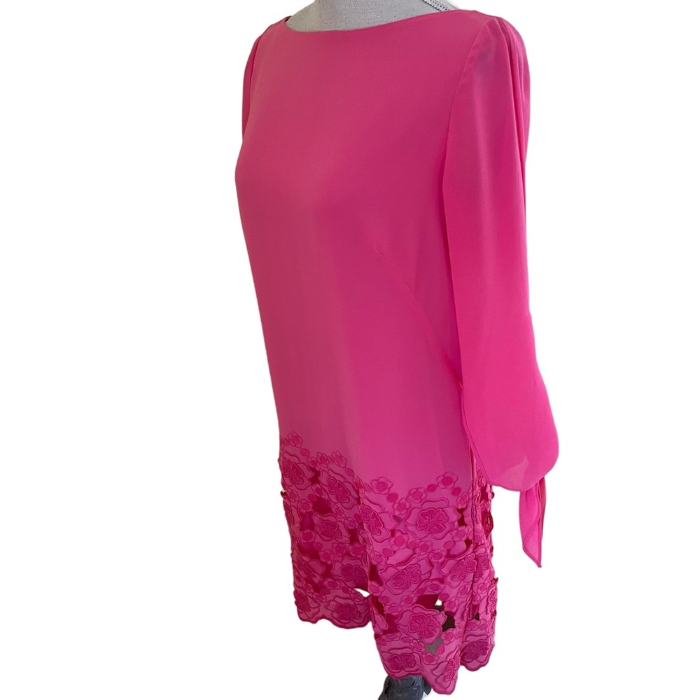 Tahari ASL Bubblegum Pink Shift Dress with Long Tie Sleeves and Lace Hem - Picture 4 of 10